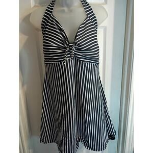 Cocoship Swimsuit Dress Over Shorts Halter Black Stripes Sz 18 Nautical Beach...